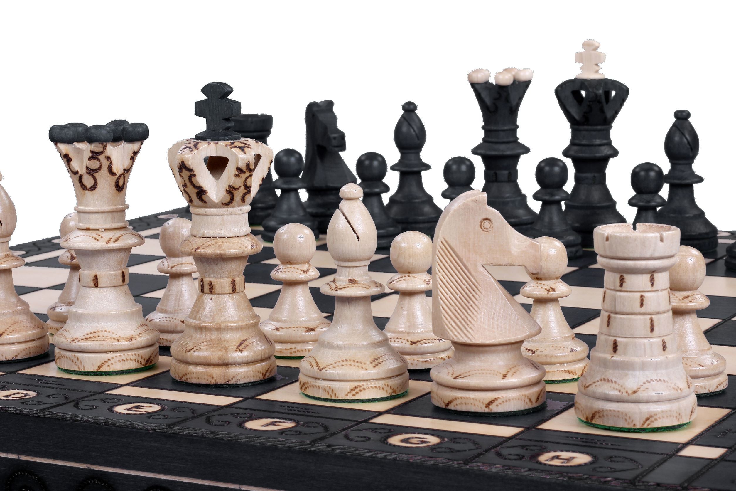 LARGE AMBASADOR BLACK (54x54cm) - wooden chess set with burnt chessboard - LARGE AMBASADOR BLACK (54x54cm) - wooden chess set with burnt chessboard