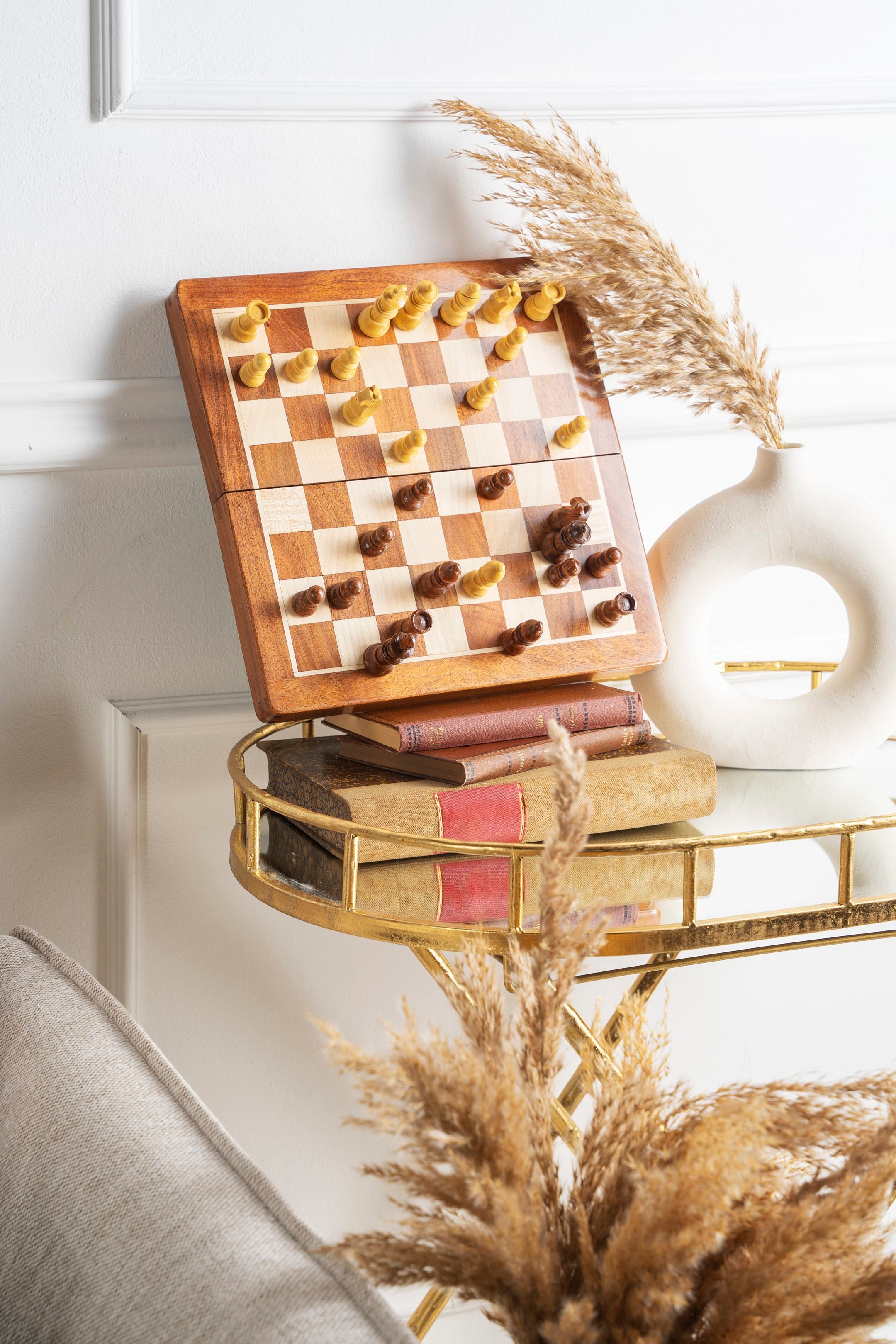 Wooden Magnetic Mini Chess Set with Inlaid Chessboard - Wooden Magnetic Mini Chess Set with Inlaid Chessboard